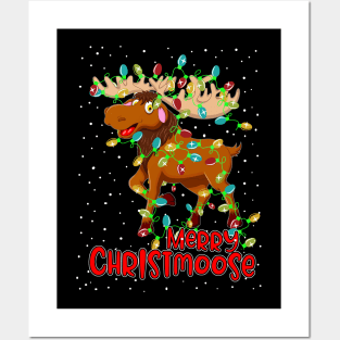 Merry Christmoose Funny Christmas Moose Xmas Tree Lights Posters and Art